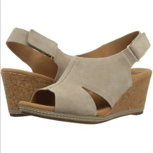 Clarks Sand Suede Helio Soft Cushion Wedge Sandals